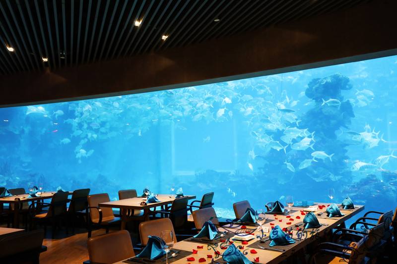 Restaurante con fuente de agua acr&iacute;lica - fabricaci&oacute;n